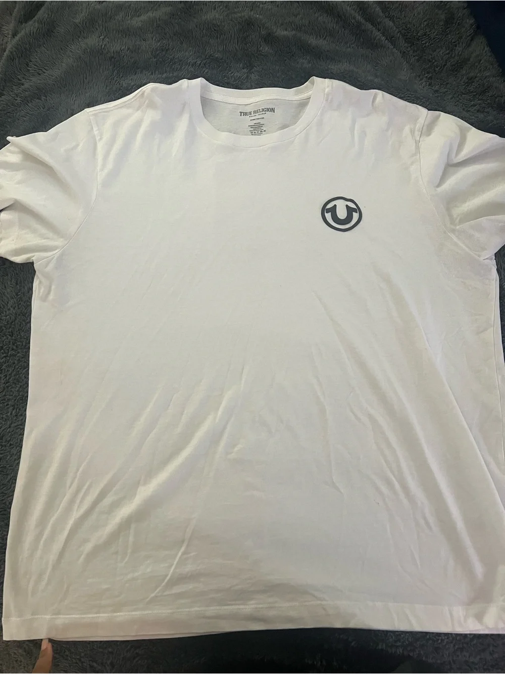 True Religion White Tee with Burgundy and Black Back Graphic